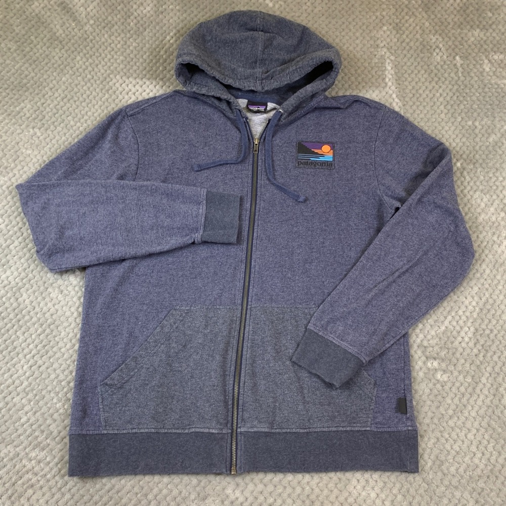 Patagonia Boardshort Logo Hoodie Mens L Blue Organic Cotton Full Zip 39517 FA17